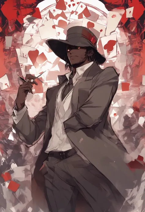 anime dark skin gambler with red eyes holding a card in his left hand. He wears phantom theif style clothing such as fancy trenchcoat, beige shirt with black tie, smug expression, smirking (((brown:1.3, red:1.3,black:1.2, white:1.2)))