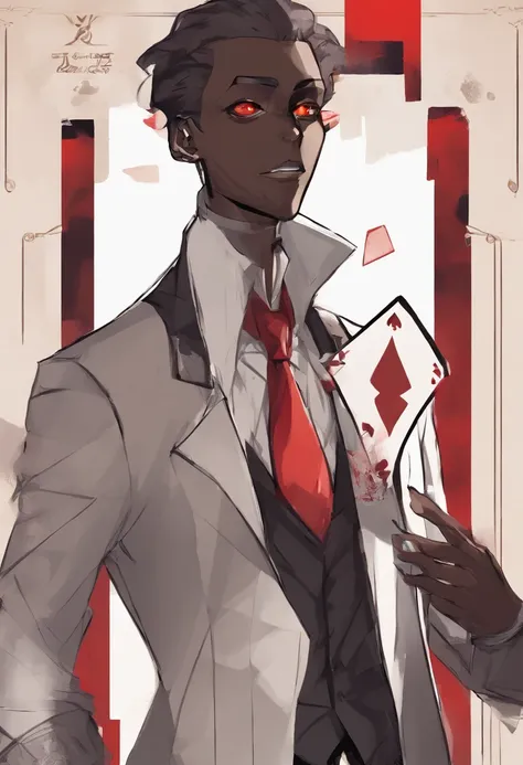 anime dark skin gambler with red eyes holding a card in his left hand. He wears phantom theif style clothing such as fancy trenchcoat, beige shirt with black tie, smug expression, smirking (((brown:1.3, red:1.3,black:1.2, white:1.2)))