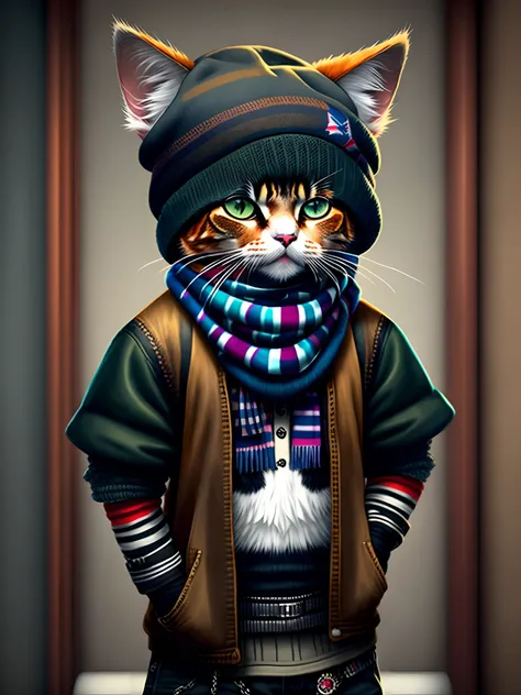 picture of a cat in a hat and scarf, art station trend, dressed in punk clothes, hyper realistic detailed rendering, british gang member, urban style, intimidating pose, planet of cats, fashion clothes, urban samurai, meow, west slavic traits, 8 1 5