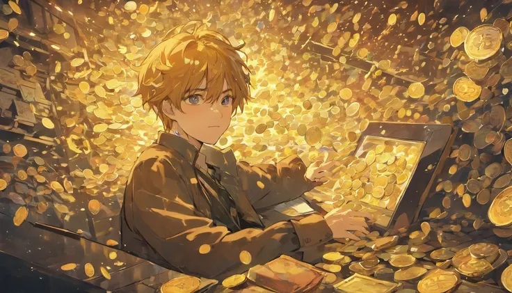 A man,Smiling,relaxing,goodlooking,Middle Age,sitting in front of the computer,A lot of coins and banknotes fell like rain behind him,Cup in hand,Lots of water masses、Bright image、Clear facial expressions