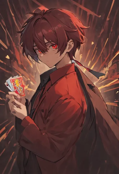 anime dark skin gambler with red eyes holding a card in his left hand. He wears phantom theif style clothing such as fancy trenchcoat, black fedora, beige shirt with black tie underneath an red vest, smug expression, smirking (((brown:1.3, red:1.3,black:1....