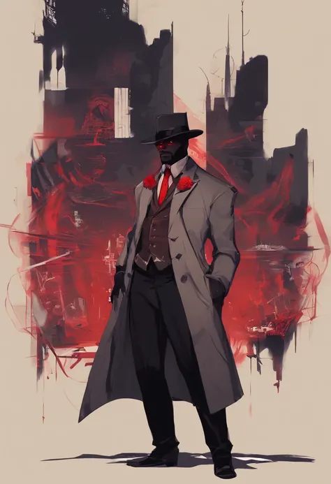 anime dark skin gambler with red eyes holding a card in his left hand. He wears phantom theif style clothing such as fancy trenchcoat, black fedora, beige shirt with black tie underneath an red vest, smug expression, smirking (((brown:1.3, red:1.3,black:1....