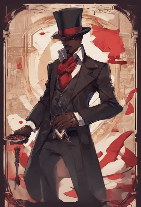 anime dark skin gambler with red eyes holding a card in his left hand. He wears phantom theif style clothing such as fancy trenchcoat, black fedora, beige shirt with black tie underneath an red vest, smug expression, smirking (((brown:1.3, red:1.3,black:1....