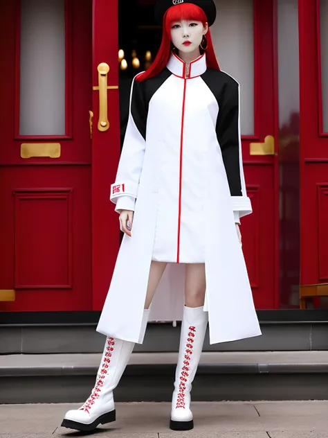 redheadwear,red color eyes，Tall and tall。White military uniform，Fools。Long boots，quadratic element。k hd