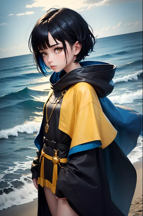 female, small, by the ocean, short black hair, neon blue and yellow eyes, deep blue and bright gold cloak,