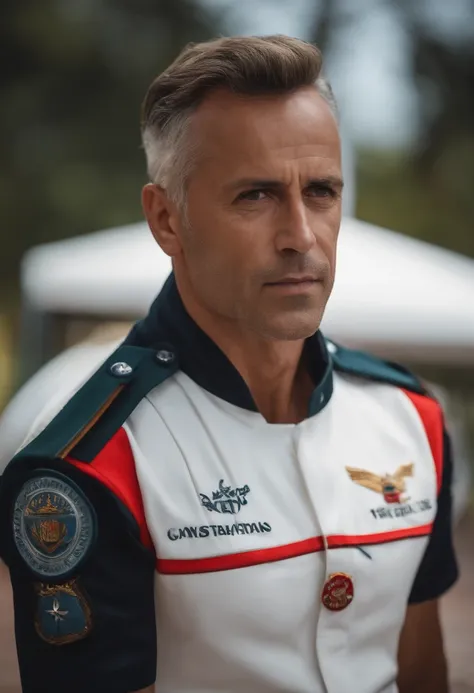 Homem de 40 anos, com cabelo de corte social grisalho, usando um uniforme de xerife, tom de pele branca, olhos castanhos