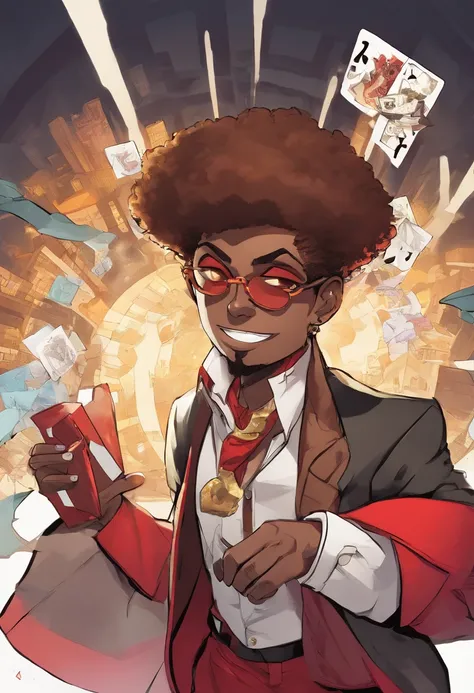 anime dark skin gambler with red eyes holding a card in his left hand. He wears phantom theif style clothing such as fancy trenchcoat, black fedora, beige shirt with black tie underneath an red vest, smug expression, smirking (((brown:1.3, red:1.3,black:1....