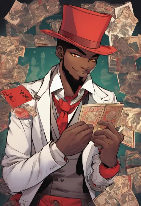 anime dark skin gambler with red eyes holding a card in his left hand. He wears phantom theif style clothing such as fancy trenchcoat, black fedora, beige shirt with black tie underneath an red vest, smug expression, smirking (((brown:1.3, red:1.3,black:1....