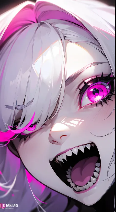 1girl,solo,glowing magenta eye,colored sclera,white hair,long hair,pale skin,extremy white skin,(hair over one eye), sharp teeth,open mouth,Masterpiece, Best Quality, Ultra High Resolution,smile,close-up, looking at viewer, beautiful and detailed face, det...