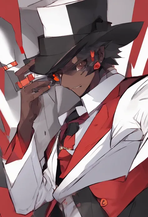 anime dark skin gambler with orange/red eyes holding a card in his left hand. He wears phantom theif style clothing such as fancy trenchcoat, black fedora, beige shirt with black tie underneath an red vest and he has a cool watch on his left wrist, smug ex...