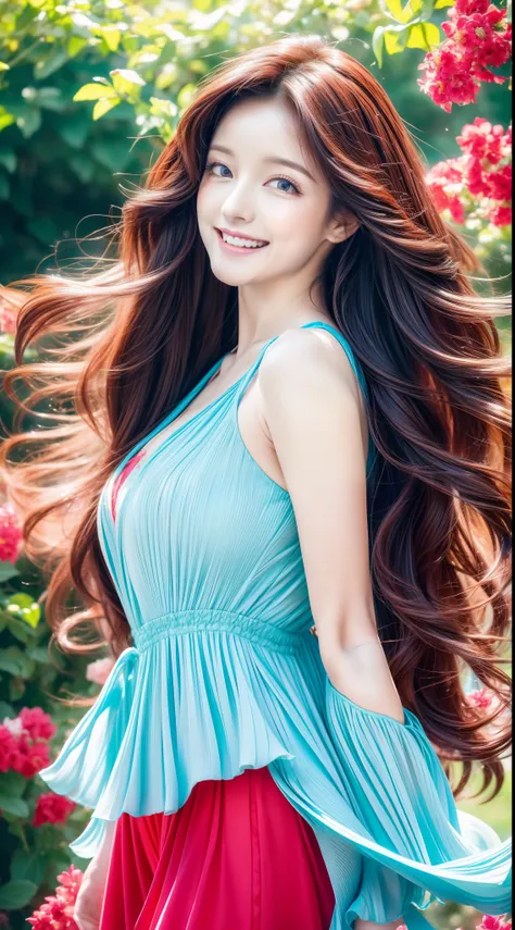 (Best quality,high resolution,Ultra-detailed:1.2), Beautiful blue to red gradient wavy curls fluttering in the breeze, Close-up of a woman jumping high, Vibrant flowers fill the background in a park-like setting, Cinematic style shooting.