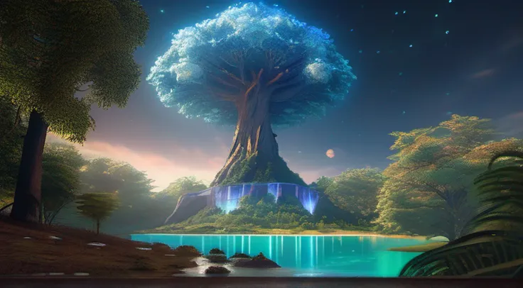 Illustration of a hyperrealistic , otherworldly, ultrasky scene featuring a giant crystal tree full body,very detailed and magical lighting, intricate forest details, vegetation and river around, solarpunk ,landscape, giant tree, beatifull leafy with beaut...