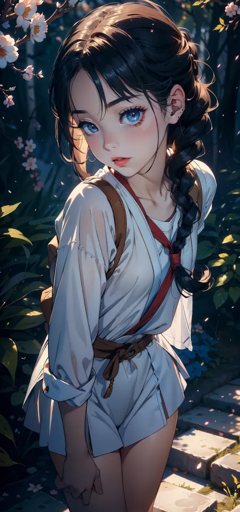 1female，age 5，bit girl，Small loli， 独奏，（Background with：Cherry blossom forest，labyrinths of，Ground area water） She has short wood-colored hair，Twist braids，seen from the front， hair straight，，（（（tmasterpiece），（Very detailed CG unity 8K wallpaper），best qualt...