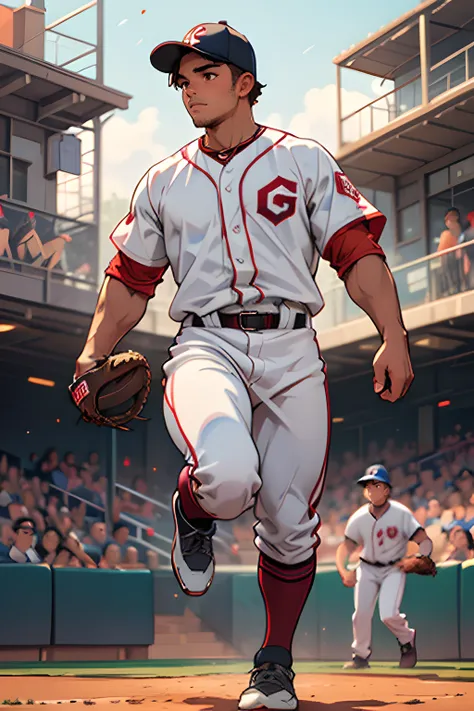 (masterpiece, best quality ), 1man, muscular, short hair, brown eyes, intricate, baseball field , full body, white baseball unif...