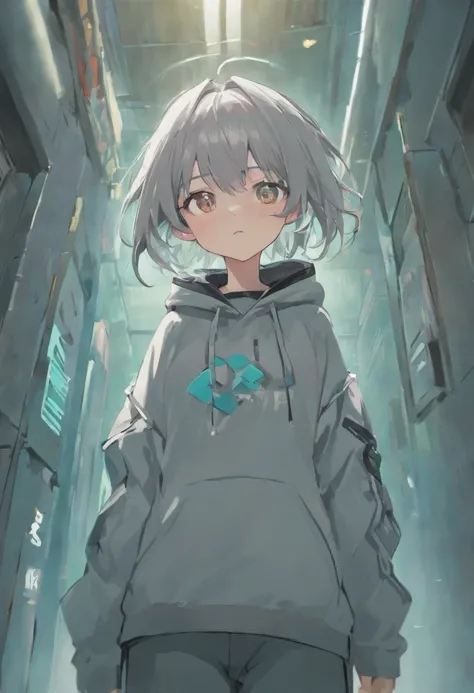 Grey-haired Japanese anime youth,usar gafas VR,, Sudadera con capucha blanca, pantalones cortos blancos, Sin tatuajes, Sin barba, 16 yaers old, Use gafas VR blancas