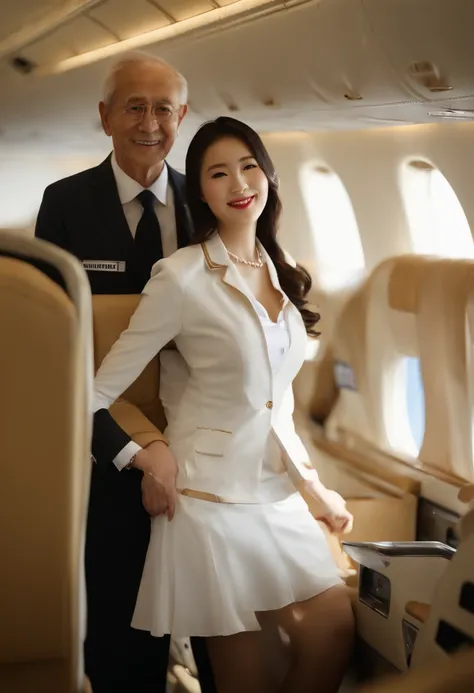 ​masterpiece、top-quality、(fully body photo:1.5)、hyperdetailed photo、Cabin Attendant Uniform、(high-heels:1.5)、(small areola:1.5)、、(((Only the upper body naked:1.6)))、Silver necklace、Wearing a cabin attendants jacket、(Oily body)、(White tight skirt:1.5)、Arms ...