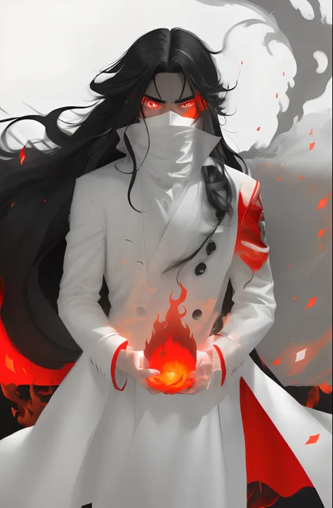 Long Hair, Half black and Half White whit a Red Fire Eyes and a White Orb in White Fire in Hands