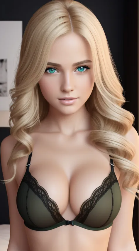 Solo, young blonde model 1 girl 20 years old, hyper-realistic, looking at the camera, black lingerie, black stockings, very detailed face and body, thick lips, very beautiful green eyes, blonde wavy hair, tan, bedroom, big breasts, detailed illustration, s...