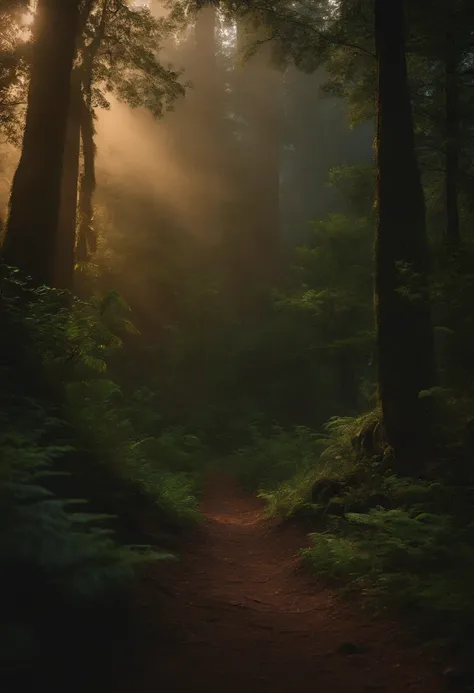 In the heart of the forest there was an indigenous tribe that had harmony with nature, Gloomy lighting at dusk 8K