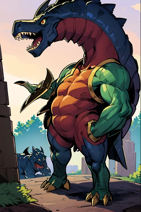 villain, t-rex, monster, metal hero, dinosaur, saurian, clothed, armored, anthro, cape, standing, solo focus, edgy, female, big breast, beast bikini