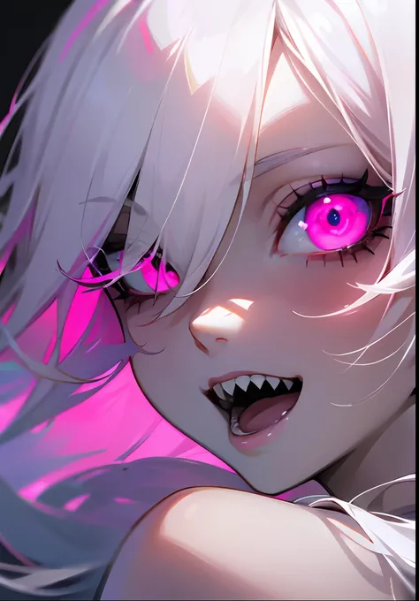 1girl,solo,glowing magenta eye,colored sclera,white hair,long hair,pale skin,extremy white skin,(hair over one eye), sharp teeth,open mouth,Masterpiece, Best Quality, Ultra High Resolution,smile,white bra,close-up, looking at viewer, beautiful and detailed...