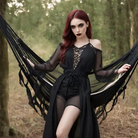 Girl with symbolic clothes of gothic hammock, 。.com (Arame farpado do corpo) cabelos morenos，Extremidades dos cabelos grisalhos