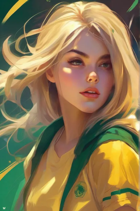 Illustration of an adult girl, playing football, Hot adult girl, dynamicpose, Emotions, In the style of Rhads, Disney Animation, Anna Dittmann, charming anime characters, light yellow and dark green, Translucent color, Contrasting light and dark shades --V...