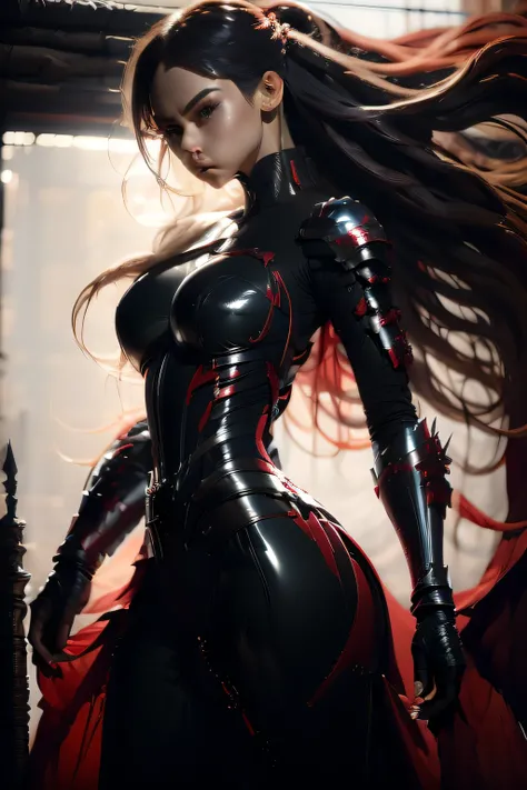 female bounty hunter with two Kitana swords on back in full red and black advanced futuristic strapped bodysuit; black, long, and wavy hair; elegant; strapped tight fitting red bodysuit with black straps; multiple knives and many kunai; matching high heel ...