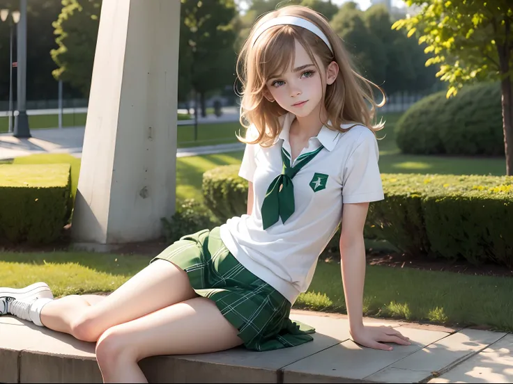 tween Emma Watson in a wearing a high school uniform, shaggy hair, cute smile, white plimsoles. slender body. day. small chest, small boobs, jogging in the park. White headband, dark green plaid skirt, white blouse, green school tie