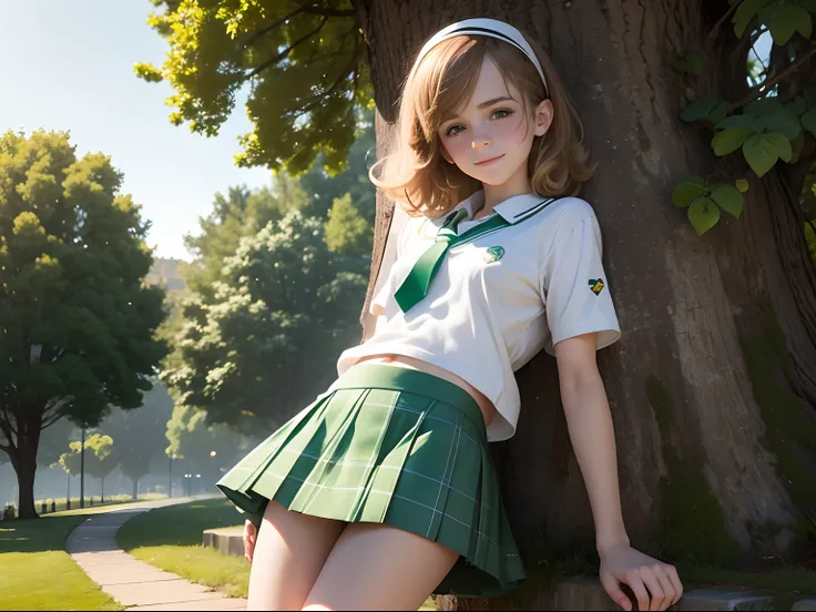 tween Emma Watson in a wearing a high school uniform, shaggy hair, cute smile, white plimsoles. slender body. day. small chest, small boobs, jogging in the park. White headband, dark green plaid skirt, white blouse, green school tie