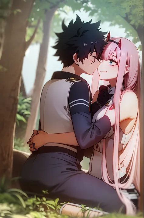 zero two, 1girl, zero two naked_shirt,vest_print:, izuku from bnha, izuku and zero two being a lovey dovey couple very affective in a beach, izuku with pants and pullover, love , happy, ,1girl,, ,sitting, standing, french kiss, kissing, 1boy, couple, husba...