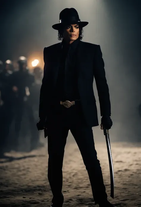 Michael Jackson holding a black katana with black suit in combat pose