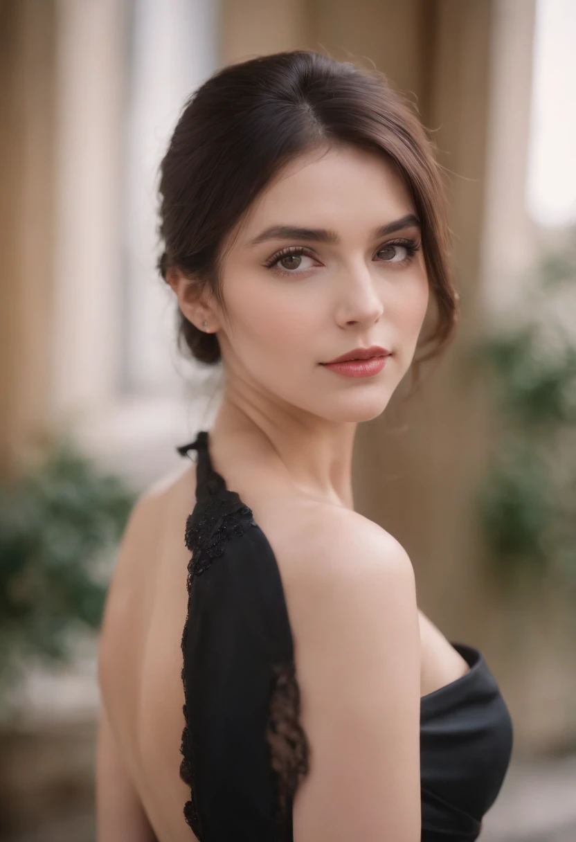 a beautiful woman in a black dress poses with one shoulder, in the style of 8k resolution, warmcore, goosepunk, focus on joints/connections, minimal retouching, handheld, candid, black hair, classy, elegant,