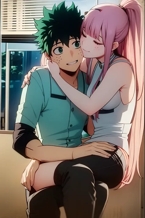 zero two, 1girl, zero two naked_shirt,vest_print:, izuku from bnha, izuku and zero two being a lovey dovey couple very affective in a beach, izuku with pants and pullover, love , happy, ,1girl,, ,sitting, standing, french kiss, kissing, 1boy, couple, husba...