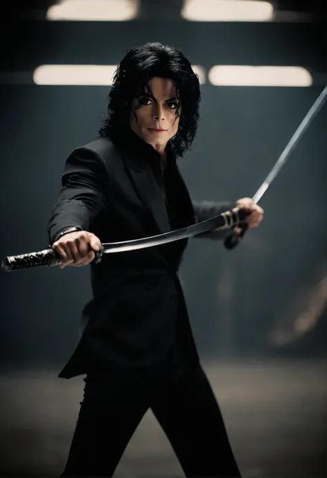 Michael Jackson holding a black katana with black suit in combat pose