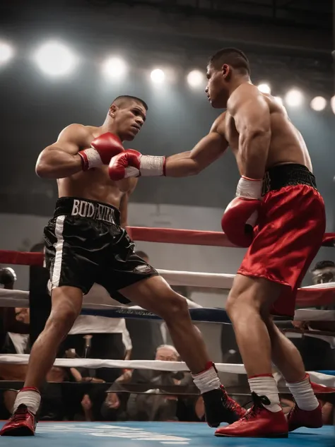 /Imagine Prompt: Foto en color de primer plano de un momento emocionante en un combate entre dos boxeadores en el ring. Uno de ellos, con guantes rojos, He is delivering a powerful liver hook towards his opponent. The boxer who takes the blow shows a paine...