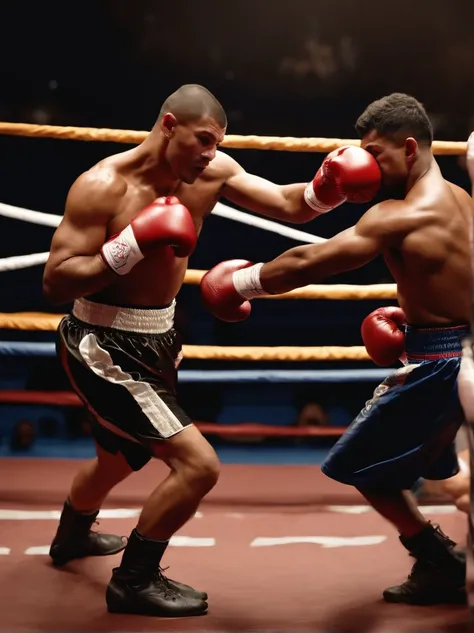 /Imagine Prompt: Foto en color de primer plano de un momento emocionante en un combate entre dos boxeadores en el ring. Uno de ellos, con guantes rojos, He is delivering a powerful liver hook towards his opponent. The boxer who takes the blow shows a paine...