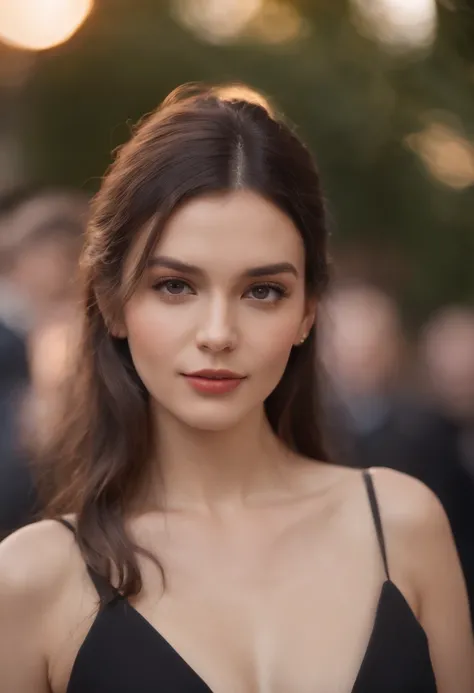 a beautiful woman in a black dress poses with one shoulder, in the style of 8k resolution, warmcore, goosepunk, focus on joints/connections, minimal retouching, handheld, candid, black hair, classy, elegant, long hair, on red carpet, hyper realistic, very ...