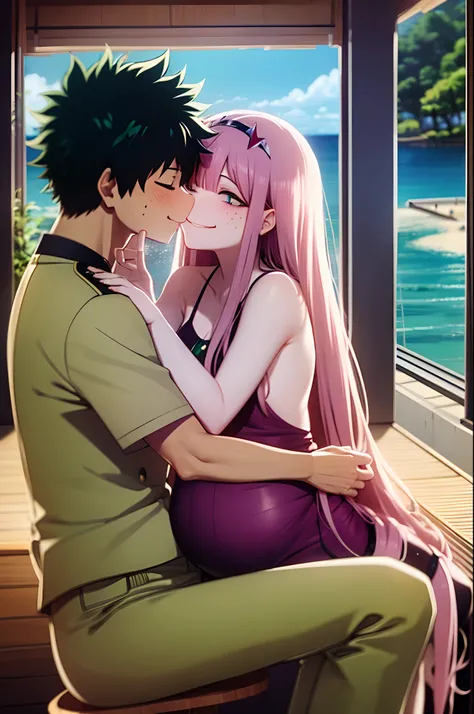 zero two, 1girl, zero two naked_shirt,vest_print:, izuku from bnha, izuku and zero two being a lovey dovey couple very affective in a beach, izuku with pants and pullover, love , happy, ,1girl,, ,sitting, standing, french kiss, kissing, 1boy, couple, husba...