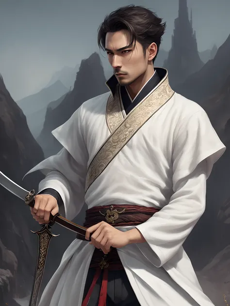 A close-up of a man wielding a sword in white attire, a character portrait by Yang J, trending on CGSociety, fantasy art, striking character painting, artwork in the style of Guweiz, Guweiz-inspired, white hanfu, flowing white robes, full-body wuxia depict...