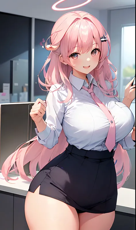 ((Masterpiece, Excellent)), (1girl), ((), Light Pink Hair, Halo, Horn, ((Office Lady)), Bangs, Big, (Plump), Slim, Smile, [Wide Buttocks], Office, Standing, Aru (Blue Archive),sexy, nsfw