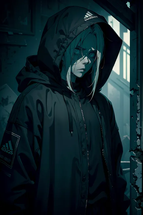 Create an ultra-wide photo of a decrepit zombie wearing an Adidas coat and hood, set against an abstract background. The overall style of the image should be a minimalist fashion with an Artgem twist. The zombie should be rendered in a decrepit and cadaver...