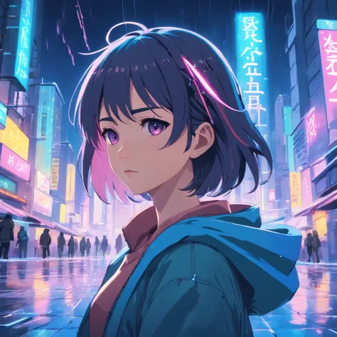 garota cyberpunk, anime makoto shinkai, anime 8k, cabelos curtos, cabelos azul marinho com mechas rosas, olhar frontal, usando fone de ouvido, paisagem na neve.