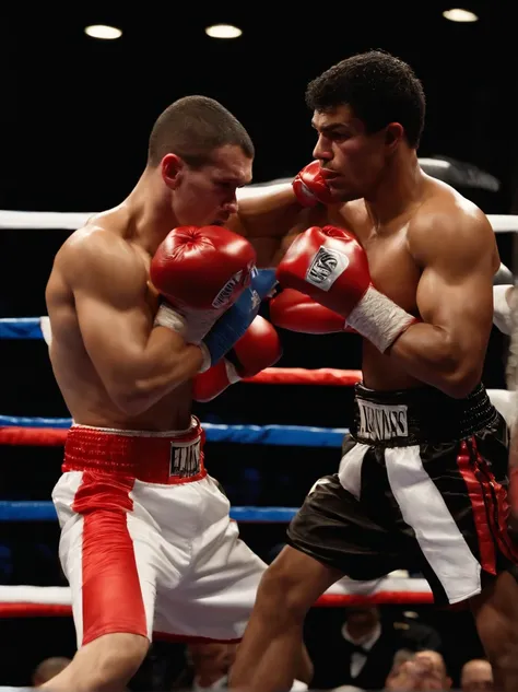 /Imagine Prompt: Foto en color de primer plano de un momento emocionante en un combate entre dos boxeadores en el ring. Uno de ellos, con guantes rojos, He is delivering a powerful liver hook towards his opponent... The boxer who takes the blow shows a pai...