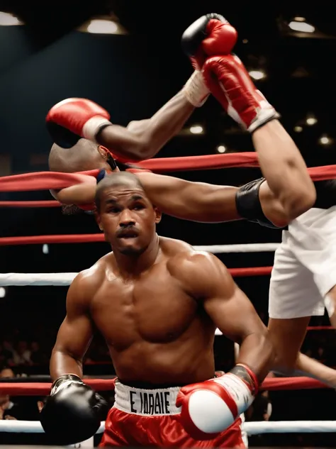 /Imagine Prompt: Foto en color de primer plano de un momento emocionante en un combate entre dos boxeadores en el ring. Uno de ellos, con guantes rojos, He is delivering a powerful liver hook towards his opponent... The boxer who takes the blow shows a pai...