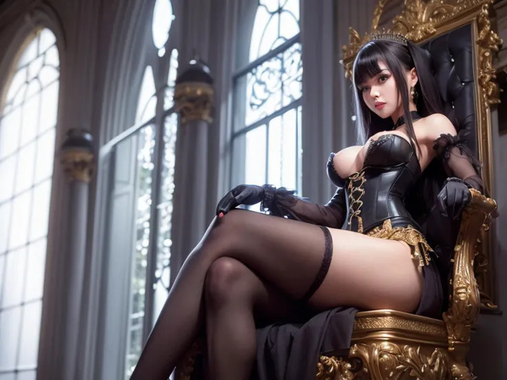 A  girl,  Slender, Beautiful, Sexy, Twenty-year-old women with fifth breast size, Elastic breasts, elastic hips, elastic ass, queen, mantle, Long Dress, corset, stocklings, gloves, Sitting on a throne,  in a throne room