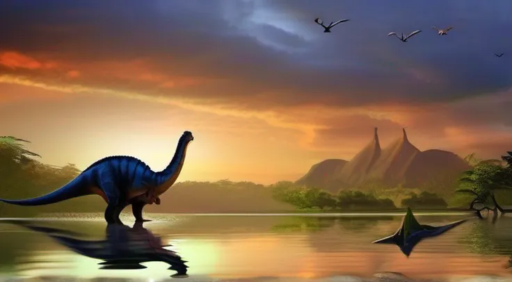 Dinosaurs hunting in packs, Prehistoric landscape, margem de rio, por do sol.