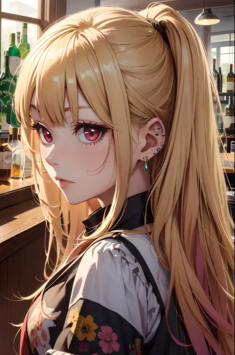 masutepiece, Best Quality, hight resolution, kitagawa marin, 1girl in, Blonde hair, Long hair, multicolored hair, Red Eyes, Jewelry, earrings, Piercing, bunny girl outfit,a bar counter,