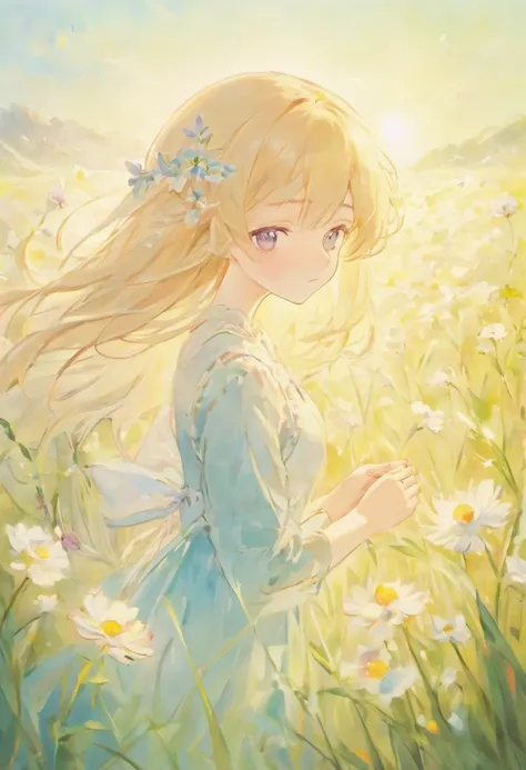 a girl in a soft, pastel-colored meadow, surrounded by gentle flowers and grass, with a soft breeze blowing through her hair and dress. She has soft, delicate features with porcelain skin, beautiful detailed eyes, and soft, pink lips. The scene is filled w...