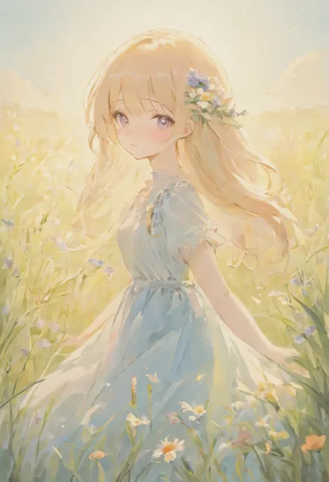 a girl in a soft, pastel-colored meadow, surrounded by gentle flowers and grass, with a soft breeze blowing through her hair and dress. She has soft, delicate features with porcelain skin, beautiful detailed eyes, and soft, pink lips. The scene is filled w...